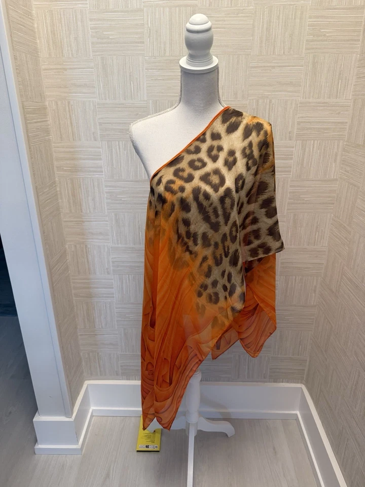 Poncho Top Asimétrico Un Hombro Leopardo Transparente y Naranja de Gasa Foto 4 de 4
