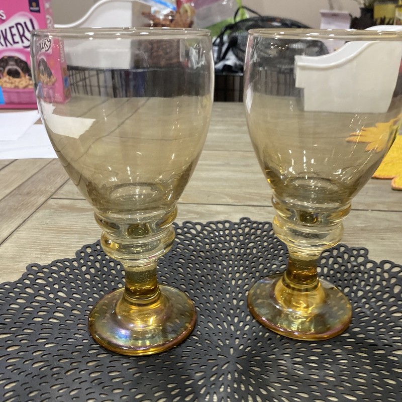 Set Of 2 Libbey Splash Brown Amber Iridescent Water Goblets
