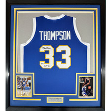 Framed Autographed/Signed David Thompson 35x39 HOF 96 Denver Blue Jersey BAS COA