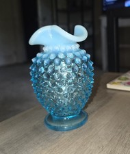 Vintage Fenton Blue Opalescent Hobnail Crimped Mini Vase