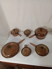 Vintage Corning Ware Visions Amber Glass Pyrex 12 Piece Pots/Pans Set Lids