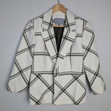 Classiques Entier Blazer Womens M White Plaid One Button Peplum Lined Jacket Mb