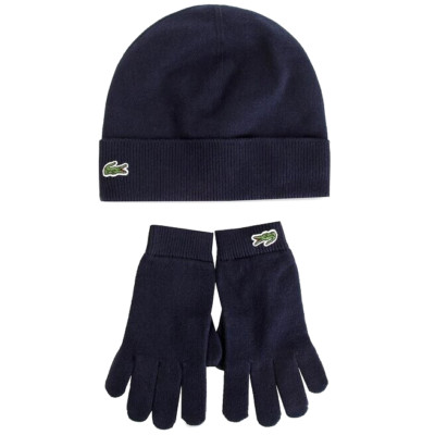 LACOSTE GIRLS COTTON & CASHMERE JERSEY BEANIE & GLOVES, Navy Blue, Size S BNWT