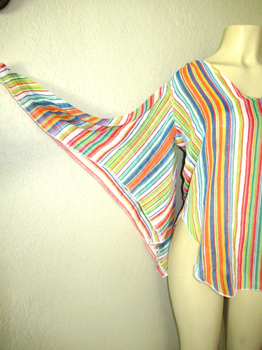 vintage 70s Butterfly / angel sleeve rainbow stripe tunic top Donnkenny size M - Picture 2 of 5