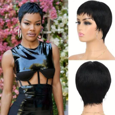 Black Pixie Cut Human Hair Wig Glueless No Lace Black Pixie Cut Soft Wig Natural