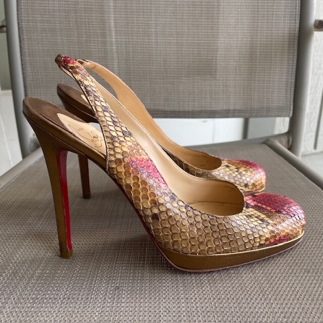 Christian Louboutin Snakeskin Snake Heels Slingback Pumps Sz 38 US