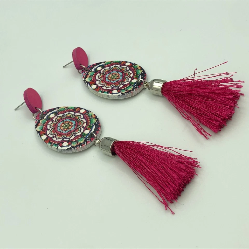 STATEMENT Earrings Pink Tassel & Floral Drop Dangle Pierced Ears Festival Boho - Image 4 of 4