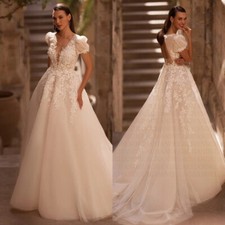 Luxury A-Line Wedding Dresses V-Neck Cap Sleeves Lace Appliques Bridal Gowns