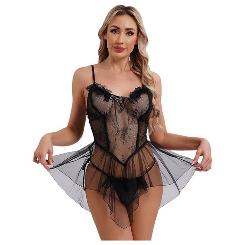 Womens See Through Lace Sling Pajama with Thongs Asymmetrical Ruffled Trim Night - Picture 7 of 32