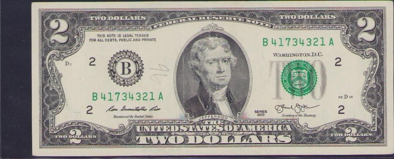 Fancy US Federal Reserve $2 Dollar Bill Serial Number B 41734321 A Very Cool