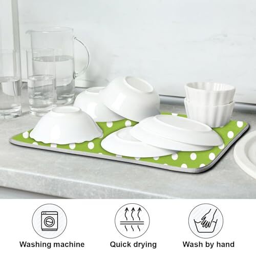 Dish Drying Mat for Kitchen White Polka Dot Mint Microfiber 16x18(in)x1 Green - Picture 7 of 7