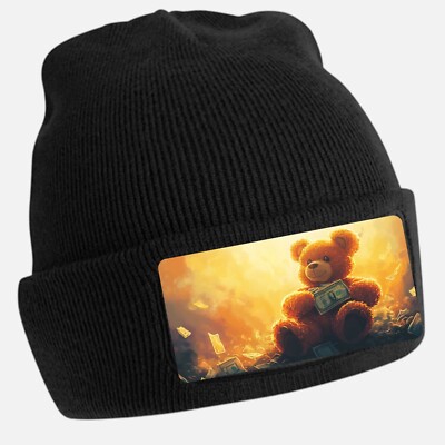 Black Teddy Bear Drinking Beer Motif Beanie Hat Unisex Cotton