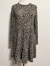 ZARA TRAFALUC Crew Neck Knit Swing Dress Beige Black Ocher Animal Print Size S