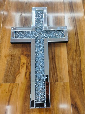 XL Silber Crushed Diamond verspiegelt Wandkreuz Glitzer Bling Wanddeko 60x35cm