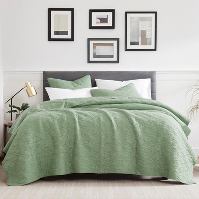 Green 100% Cotton Quilt Twin Size Bedding Sets with Pillow Sham, Lightweight Sof