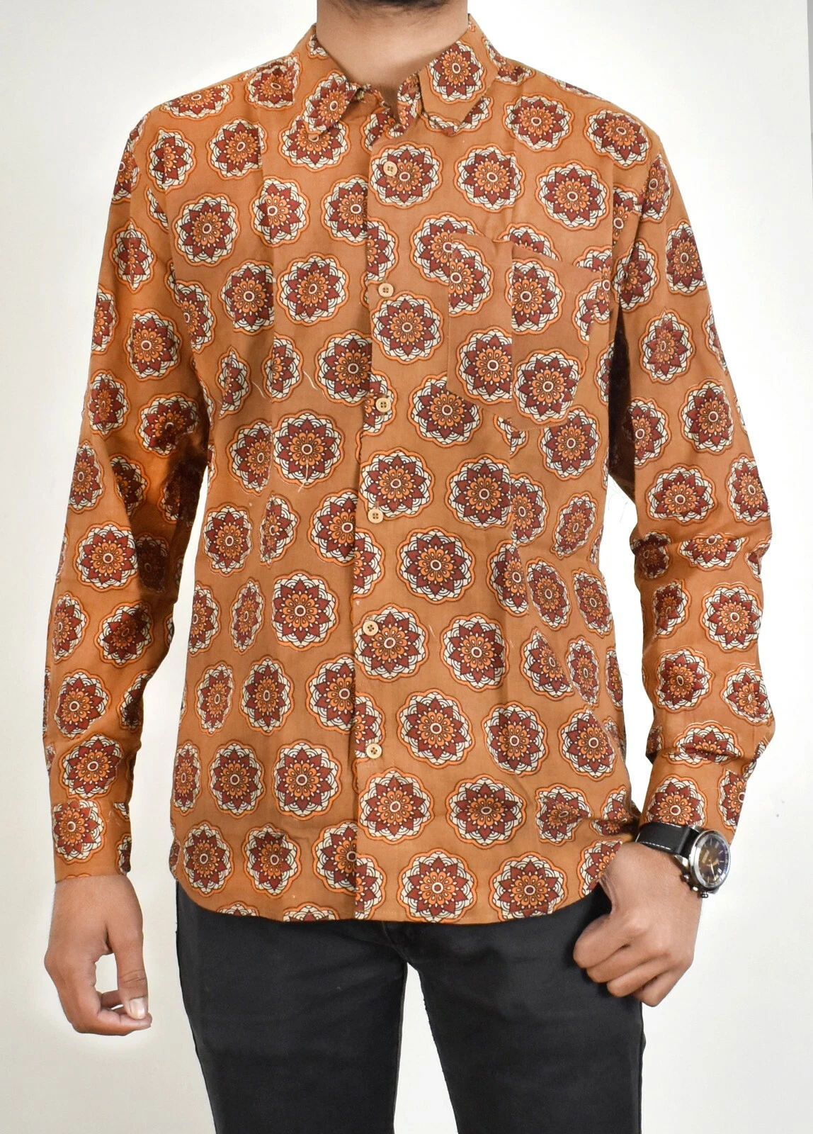 Indian Orange Floral Printed Shirts L Size Boys Wedding Dress Cotton Shirts AU