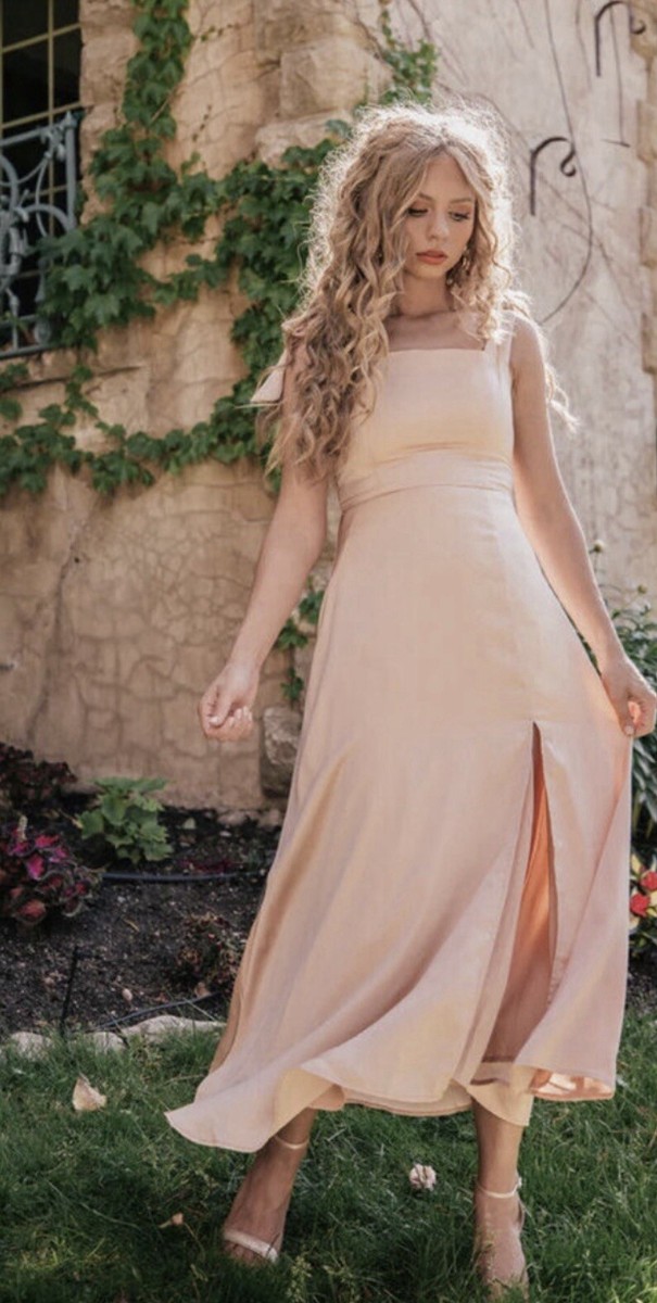 phoebe's bridesmaid dresses NWT Jessakae Phoebe Satin Plus Size Dress In Peach 5X Color:Black Swan Centre Back Split Annie Halter Neck Asos Blue