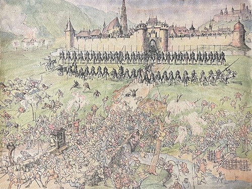 Moyen Âge siège ville infanterie et chevaliers aquarelle et encre vers 1938 - Photo 4/4