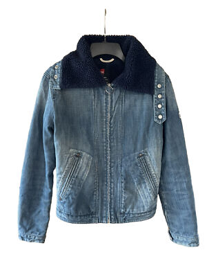Vintage Diesel Sherpa Jacket Stonewash Denim Biker Bomber Women's