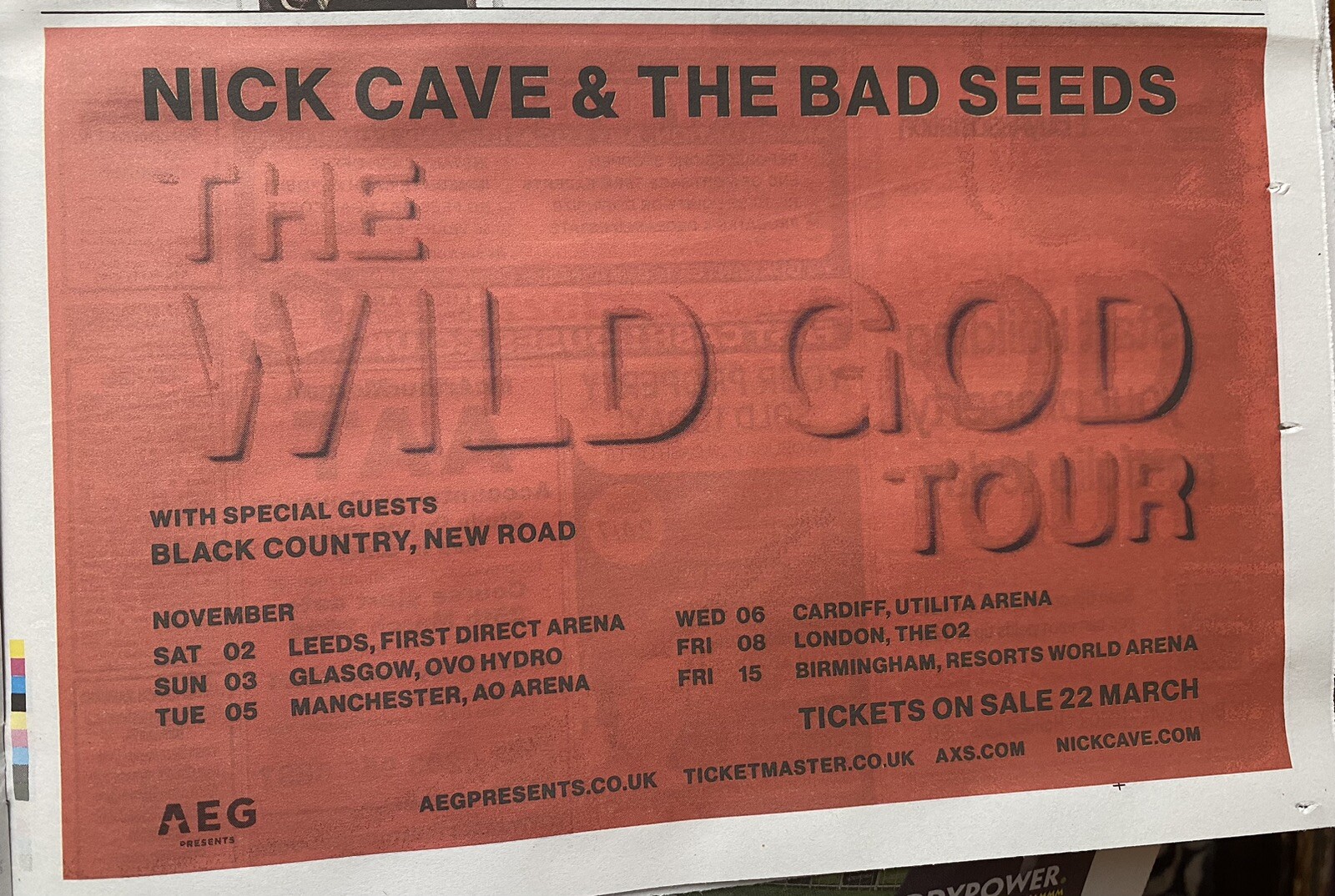 Nick Cave & Bad Seeds Wild God Tour Dates 2024 Ad Newspaper Advert