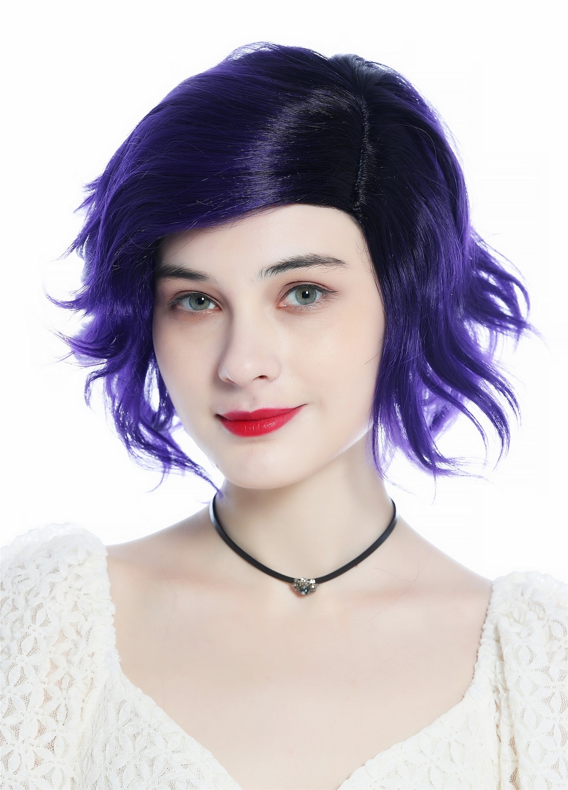 Wig Women's Short Wild Wavy Parted Parting Ombre Black Purple