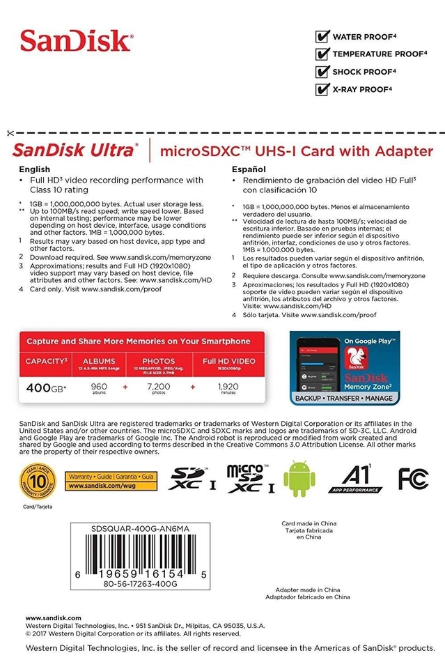 New Sandisk Ultra 400GB MicroSDXC UHS-I Card w/Adapter SDSQUAR-400G-GN6MA 100MB/ - Image 2 of 3