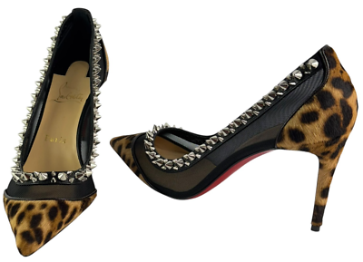 CHRISTIAN LOUBOUTIN Galativi Spikes 85 Leopard Mesh Heels Pump 37