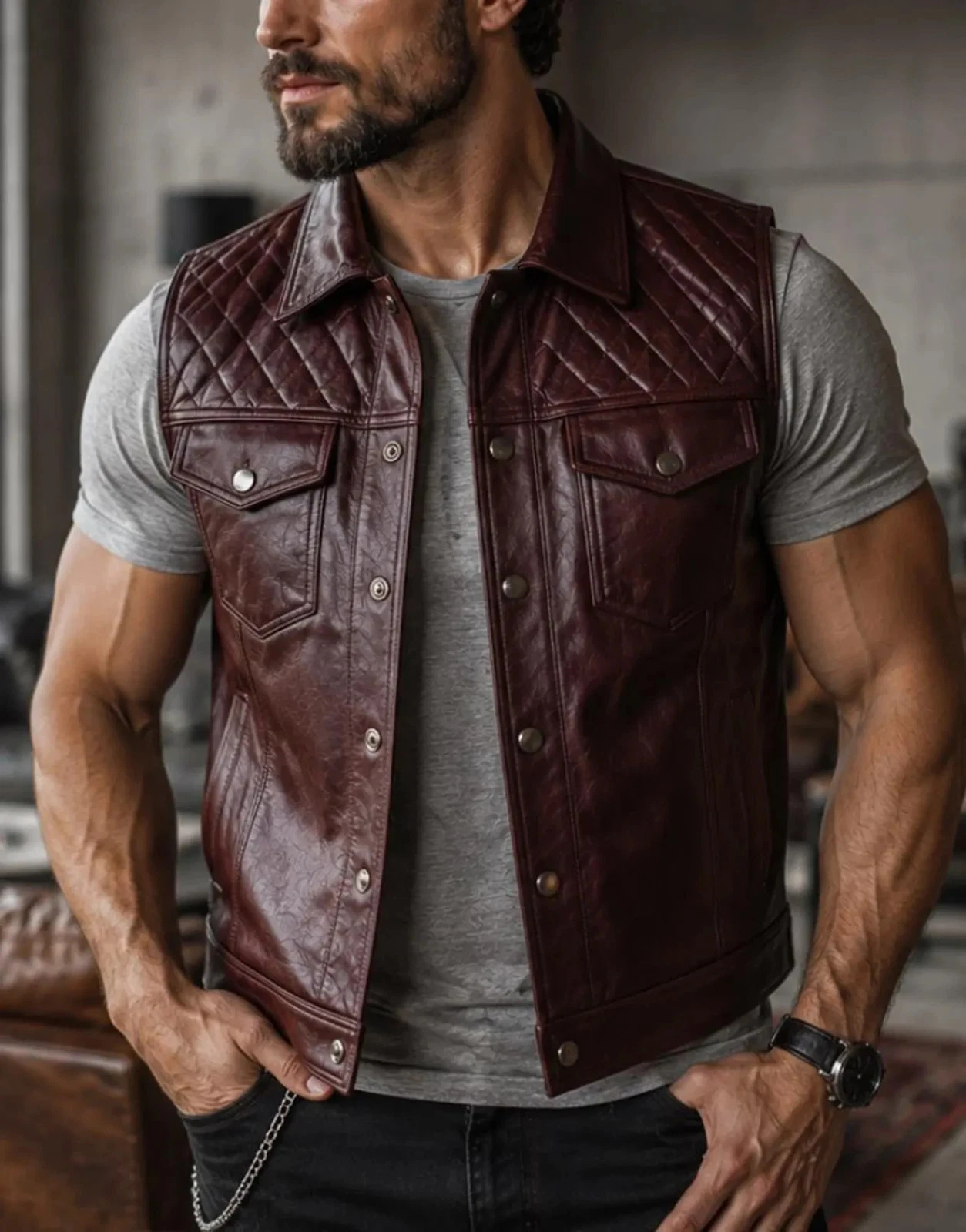 Men’s Classic Burgundy Leather Vest | Motorcycle Rider Casual Fashion Wear