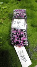 Charming Charlie Safety Pin Pink/Black Beaded Elastic Wrist Watch New With Tags