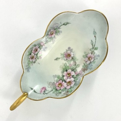 Antique Handled Dish Porcelain Signed Hand Painted Floral Blossoms Gold Trim