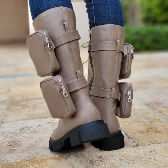 Women's Taupe Lace up High Combat Boots Lug Sole - Image 3 of 4