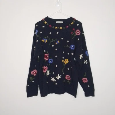 Sportscraft Womens Dark Blue Embroidered Pure New Wool Jumper Knit Medium VGC - Image 1 of 4