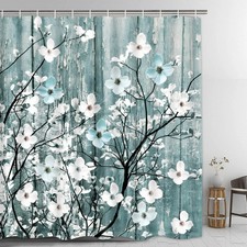 Rustic Shower Curtain Set Blue Watercolor Flower 72x72 Inches 12 Hooks