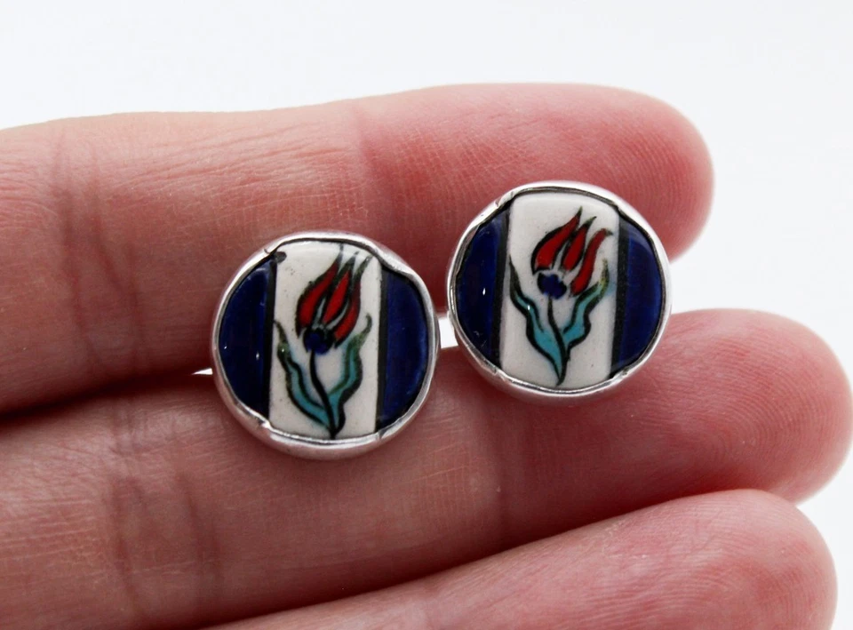 Gumusay Marked Sterling Silver 925 Ceramic Floral Enamel Men's Cufflinks - Image 4 of 4