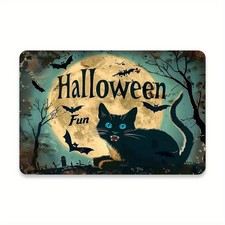 Halloween Fun Black Cat Metal Tin Sign Wall Art with Full Moon 8x12