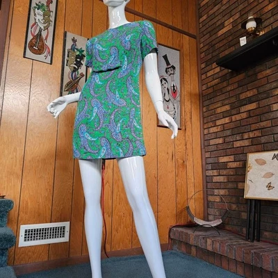 Vintage 60s Mod Paisley Youthquake Go Go Party Twiggy Micro Mini Shift Dress S/M - Photo 1/4