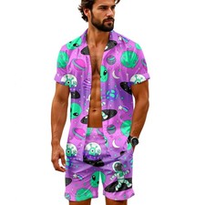 Outer Space Alien Shirts Mens 2 Piece Funny Hawaiian Shirt And Shorts Astrona...
