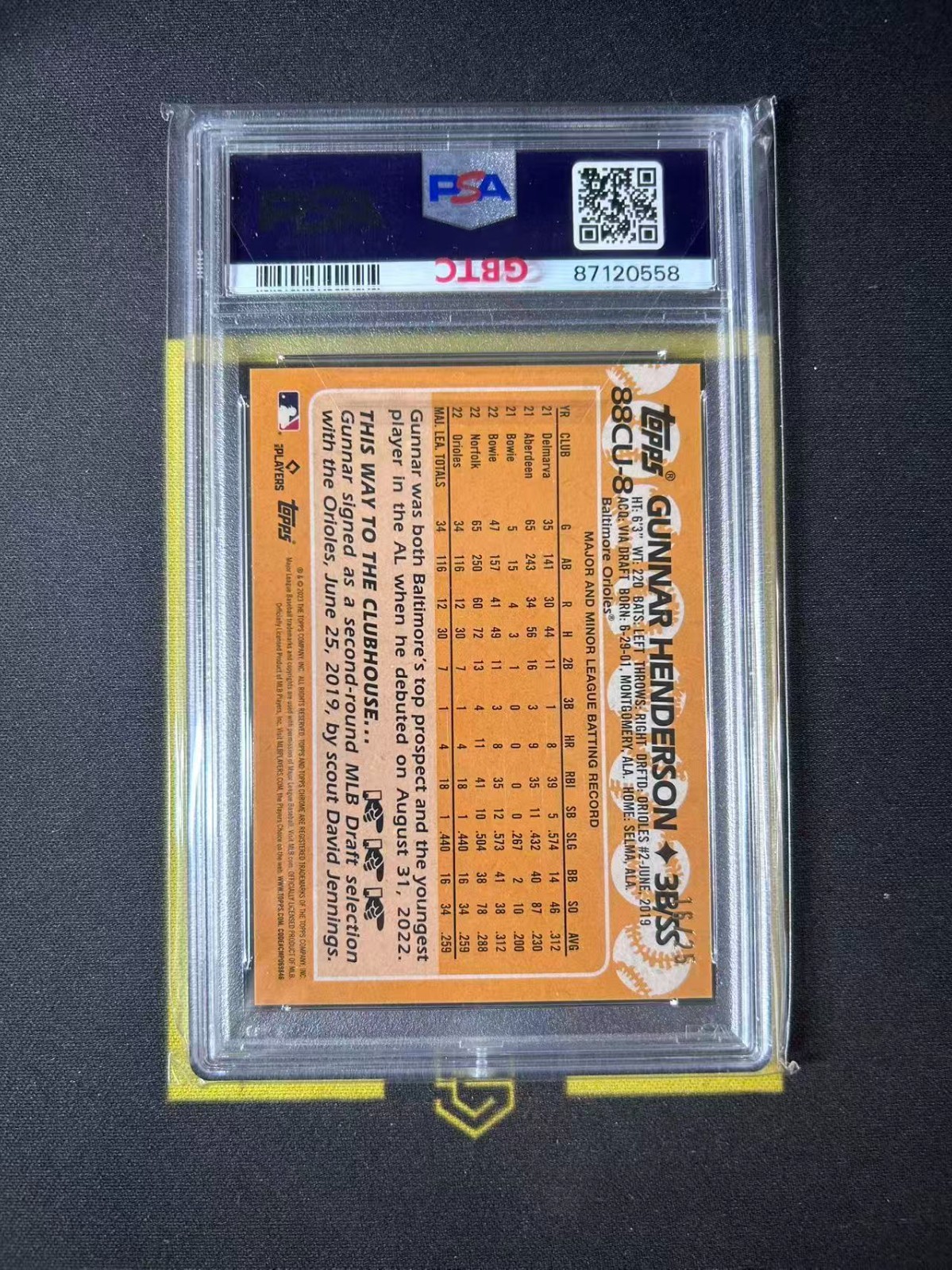 2023 Topps Chrome Update RC 1988 Topps Orange Refractor/25 Gunnar Henderson PSA9 view 2