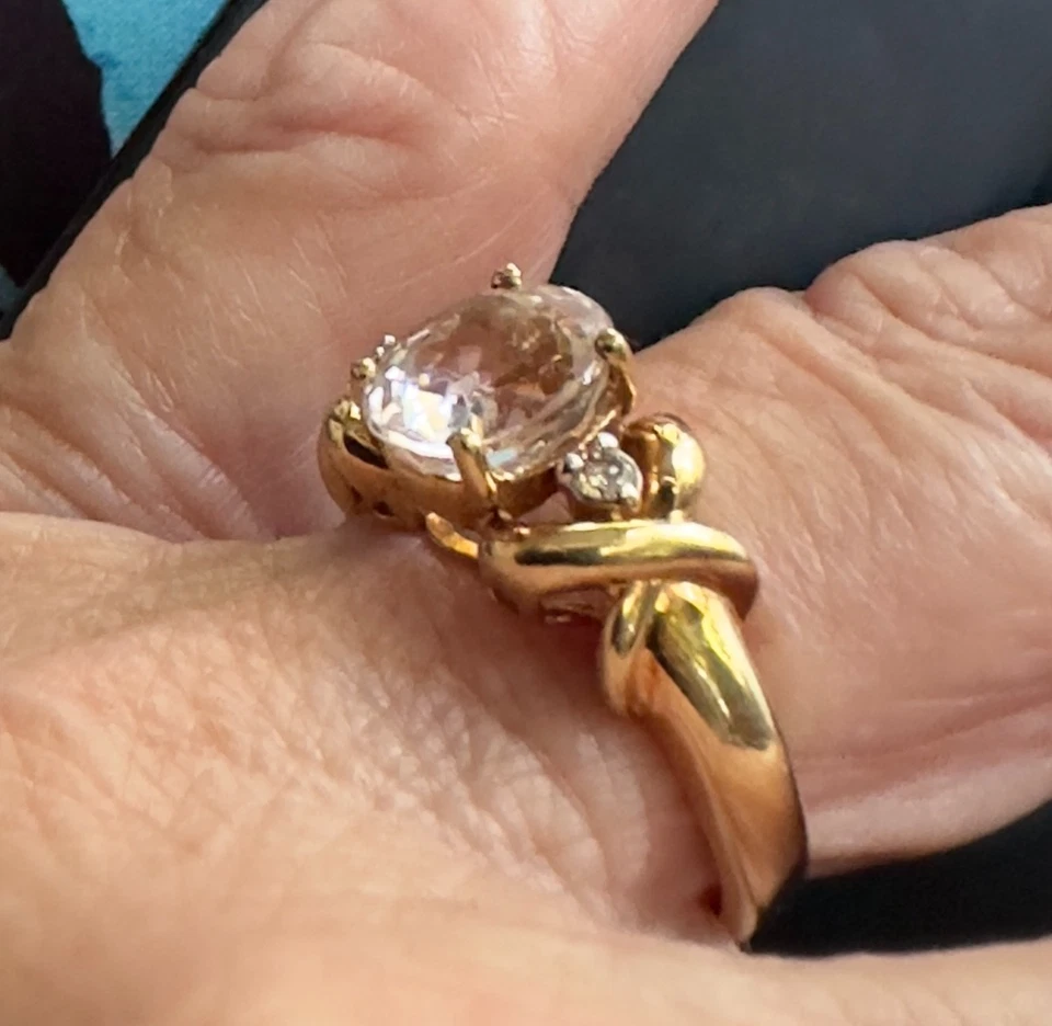 天然粉红色昆石和钻石口音10K黄金戒指 — 第 3/4 张图片