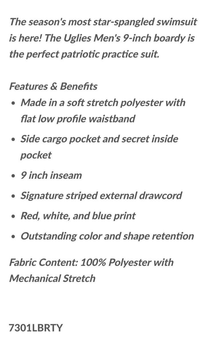 Dolfin Uglies Liberty Board Short Mens M 9" Cargo Pocket Swim Patriotic USA New