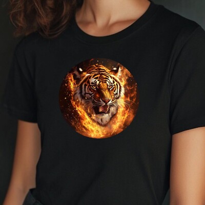 Women's Bengal Tiger on Fire Motif Cotton T-Shirt Size S to 3XL