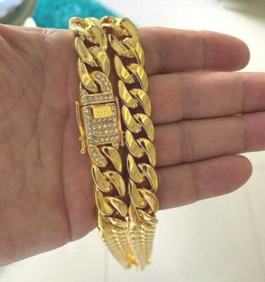14K Gold Plated Cuban Link Chain Iced CZ Clasp Baseball Player Necklace 12mm 30''