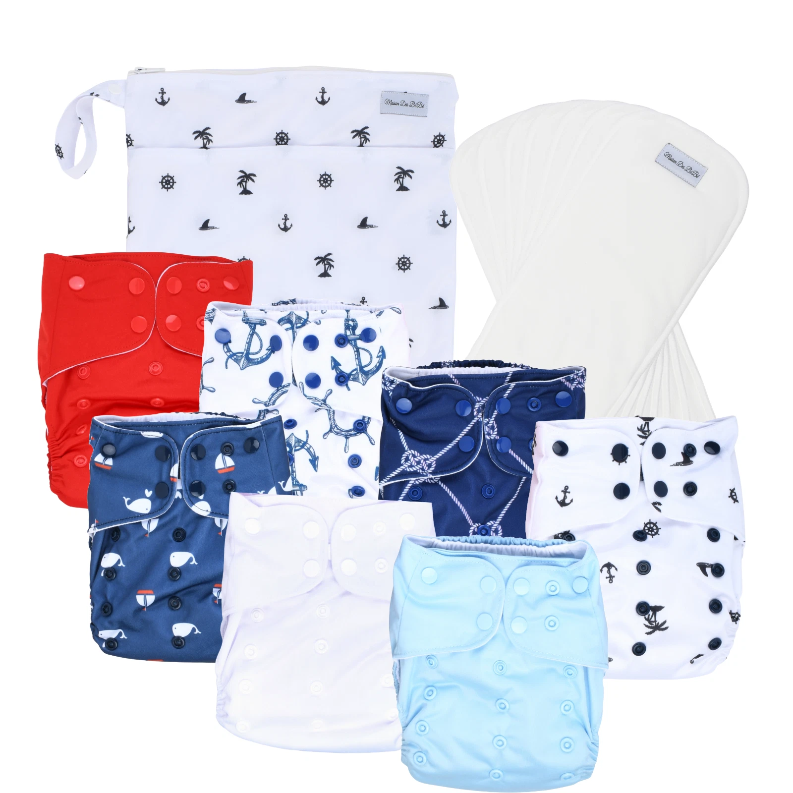NWT Maison Des BéBé Cloth Diapers 7 Pack with 14 Inserts & 1 Wet Bag