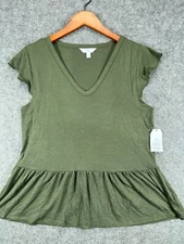 Time and Tru Top Womens Small Olive Green Tiered V Neck Shirt Modal Short Sleeve