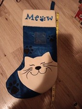 Adorable Cat "MEOW" 18" Blue Christmas Stocking, Felt  Fleece NEW w/o Tag