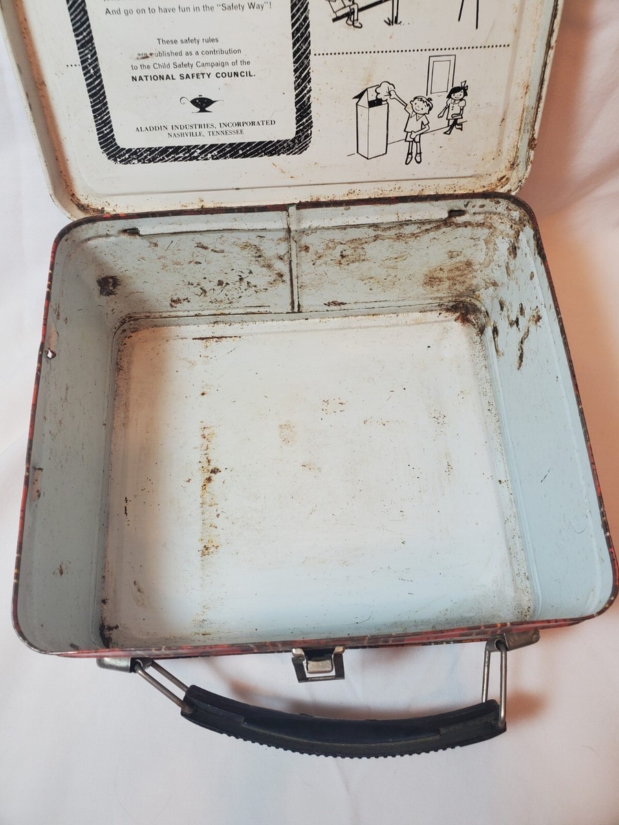 Aladdin Plaid Metal Tin Lunch Box Safety First Vintage No Thermos