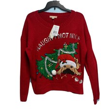 Christmas Ugly Sweater Large Naughty Not Nice Pug Dog Pup Christmas Tree Lights