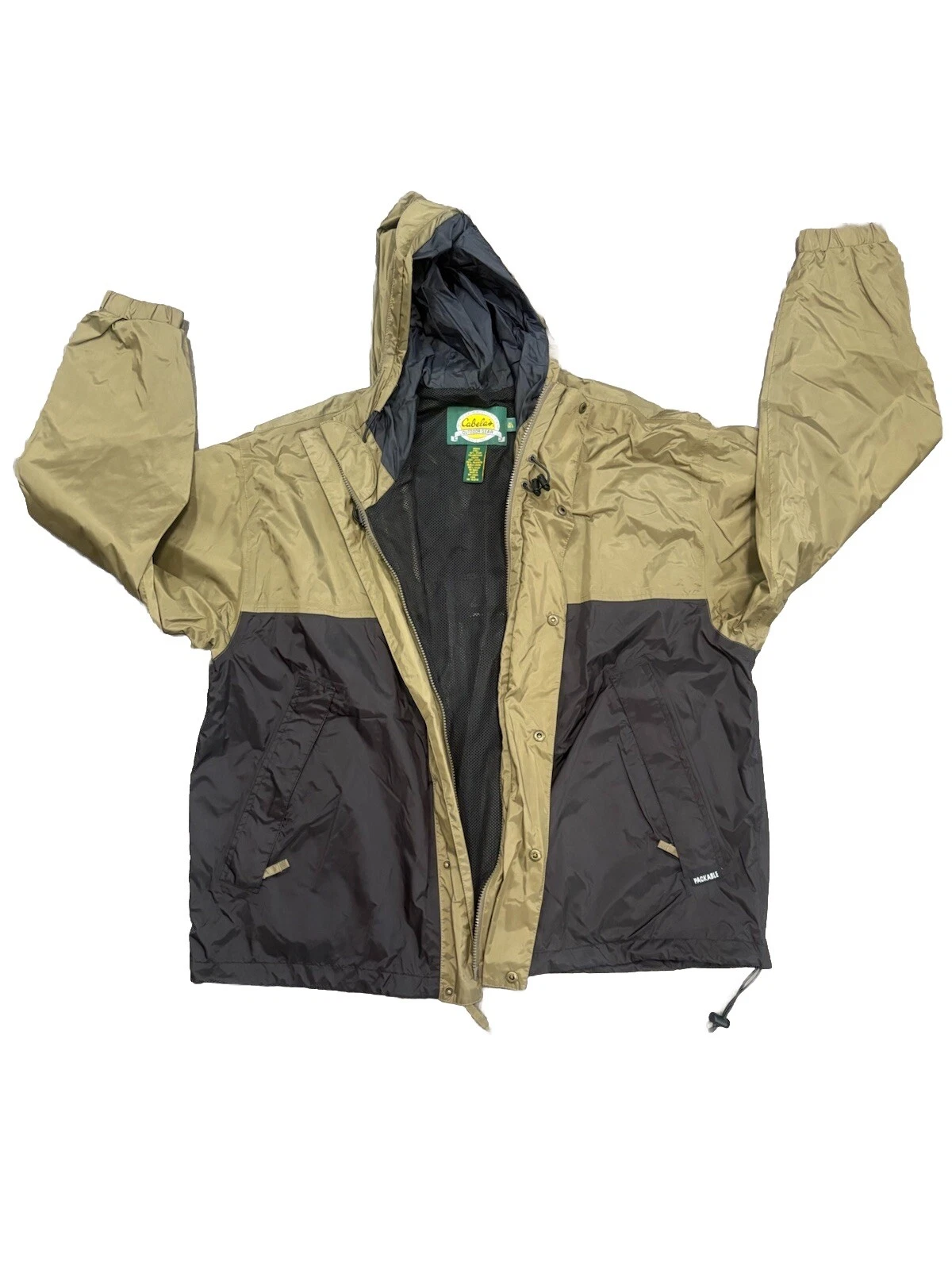 Cabelas Mens XL Packable Nylon Jacket With Hood Black/Olive