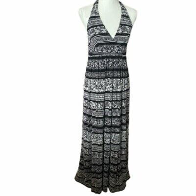 Nine West Bohemian Black White Halter Tie Around V- Neck Lined Maxi Dress  Sz 6 | eBay