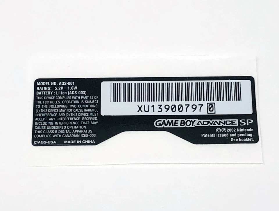 Game Boy Advance SP [GBA SP] AGS-001 Model Sticker
